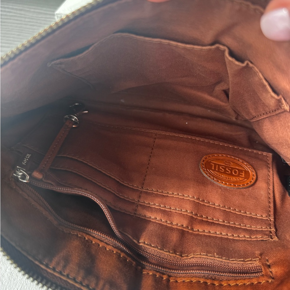 Fossil Brown Leather Shoulder Bag purse with removable woven strap - Picture 8 of 10